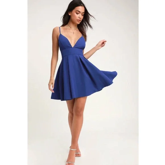 blue sleeveless skater dress Blue Halter Lace Skater Dress Blue / L main image 0